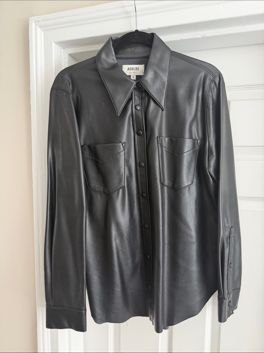 Agolde Black Vegan Leather Snap-Front Shirt Size M